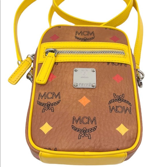 MCM Mini Multifunctional Cognac and Yellow Leather Logo Crossbody Bag - Picture 6 of 13